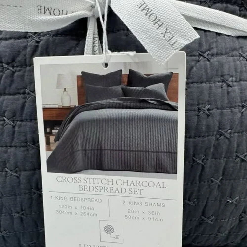 Levtex Home Cross Stitch Stitching 3-Pc. Bedspread Set, King, Charcoal
